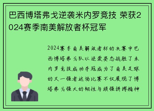 巴西博塔弗戈逆袭米内罗竞技 荣获2024赛季南美解放者杯冠军